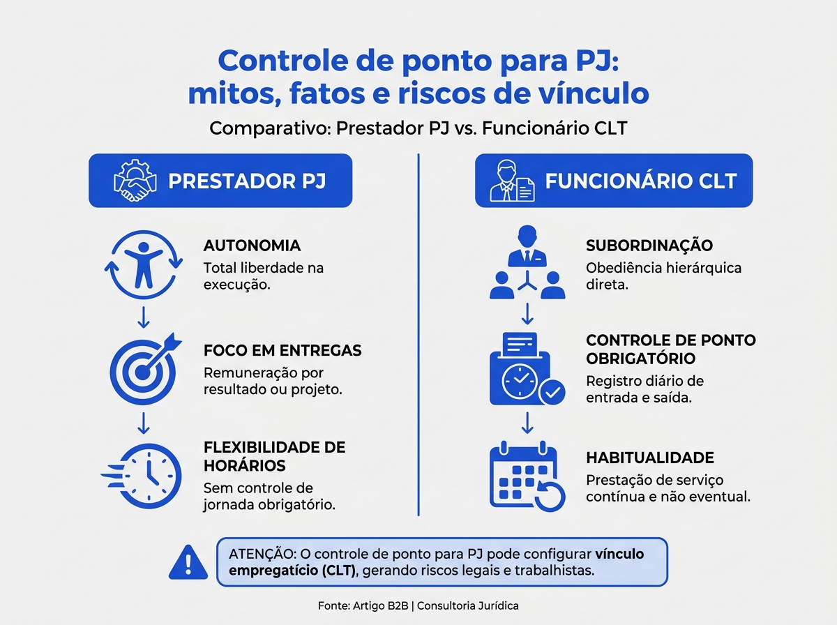 Infográfico comparativo entre as características de um prestador de serviço PJ e um funcionário CLT