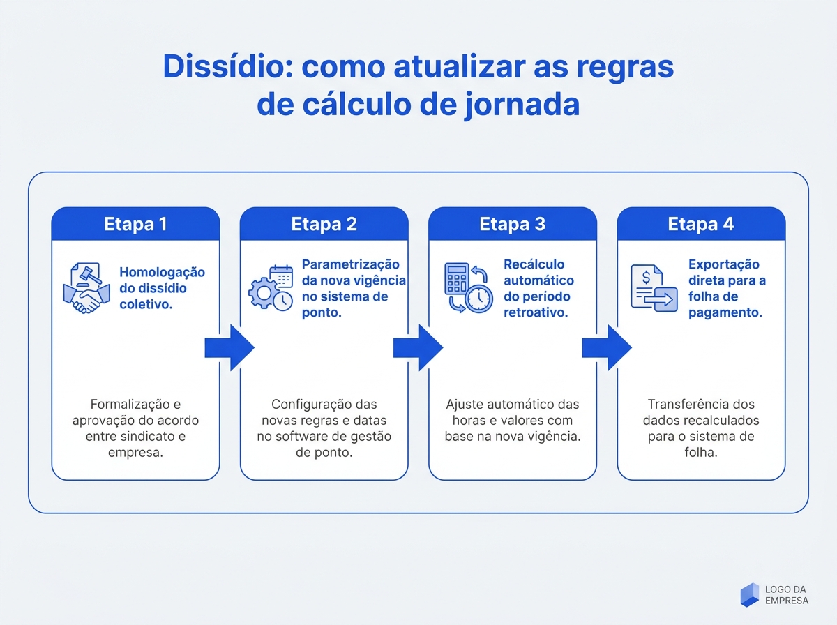 Infográfico mostrando o fluxo automatizado de atualização de regras de jornada após o dissídio.