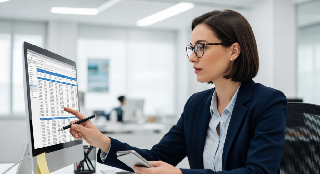 Uma foto realista em plano médio de uma profissional técnica de departamento pessoal analisando relatórios de jornada em uma tela de computador moderna, com expressão de foco e organização. O ambiente é um escritório corporativo bem iluminado, limpo e profissional. Sem textos, gráficos ou números na tela ou na imagem. Alt: Profissional de departamento pessoal analisando relatórios de jornada de trabalho após atualização de regras de dissídio.