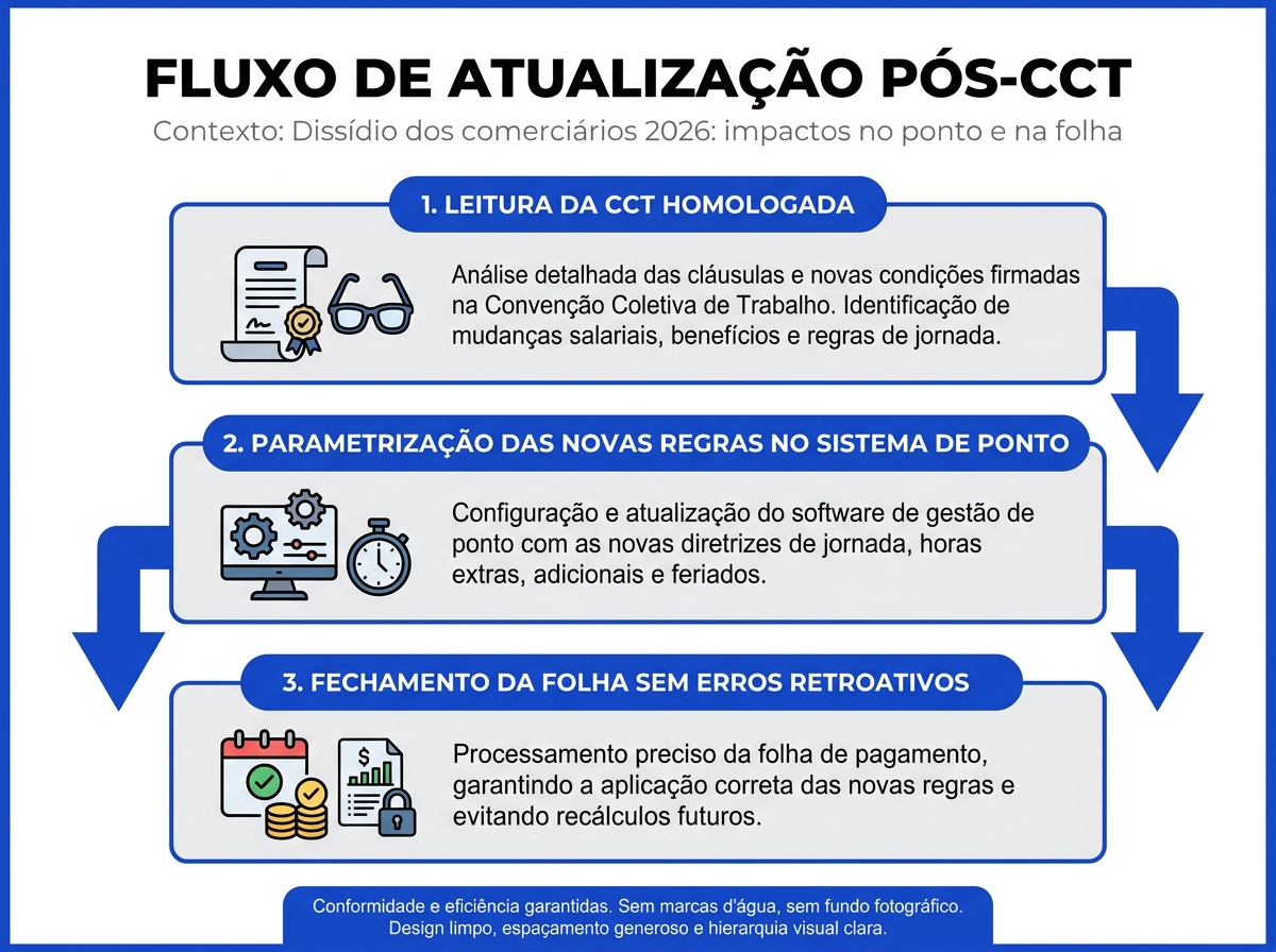 Infográfico mostrando o fluxo de atualização do sistema de ponto após a homologação da convenção coletiva.