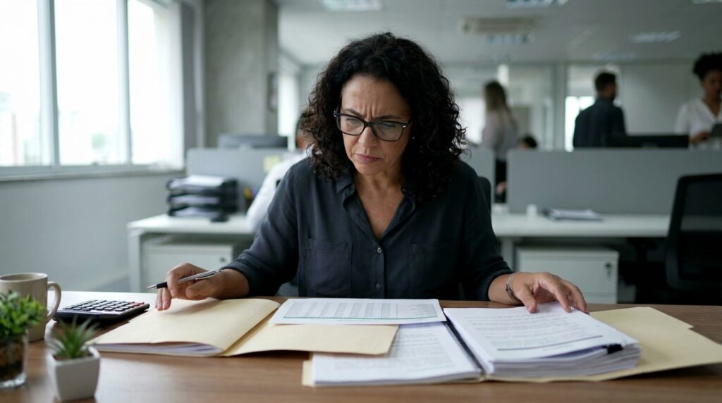 Foto realista de uma profissional de departamento pessoal analisando relatórios de folha de pagamento e convenções coletivas impressas em sua mesa de escritório, com expressão focada e organizada. Ao fundo, um ambiente de escritório corporativo suavemente desfocado, sem textos ou telas legíveis.