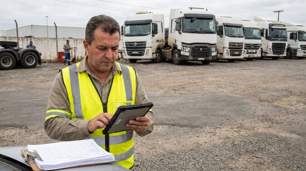 Foto realista de um pátio de transportadora com caminhões alinhados ao fundo e um gestor de logística de colete refletivo segurando um tablet, analisando dados de jornada de trabalho. Sem textos, gráficos ou elementos digitais sobrepostos.