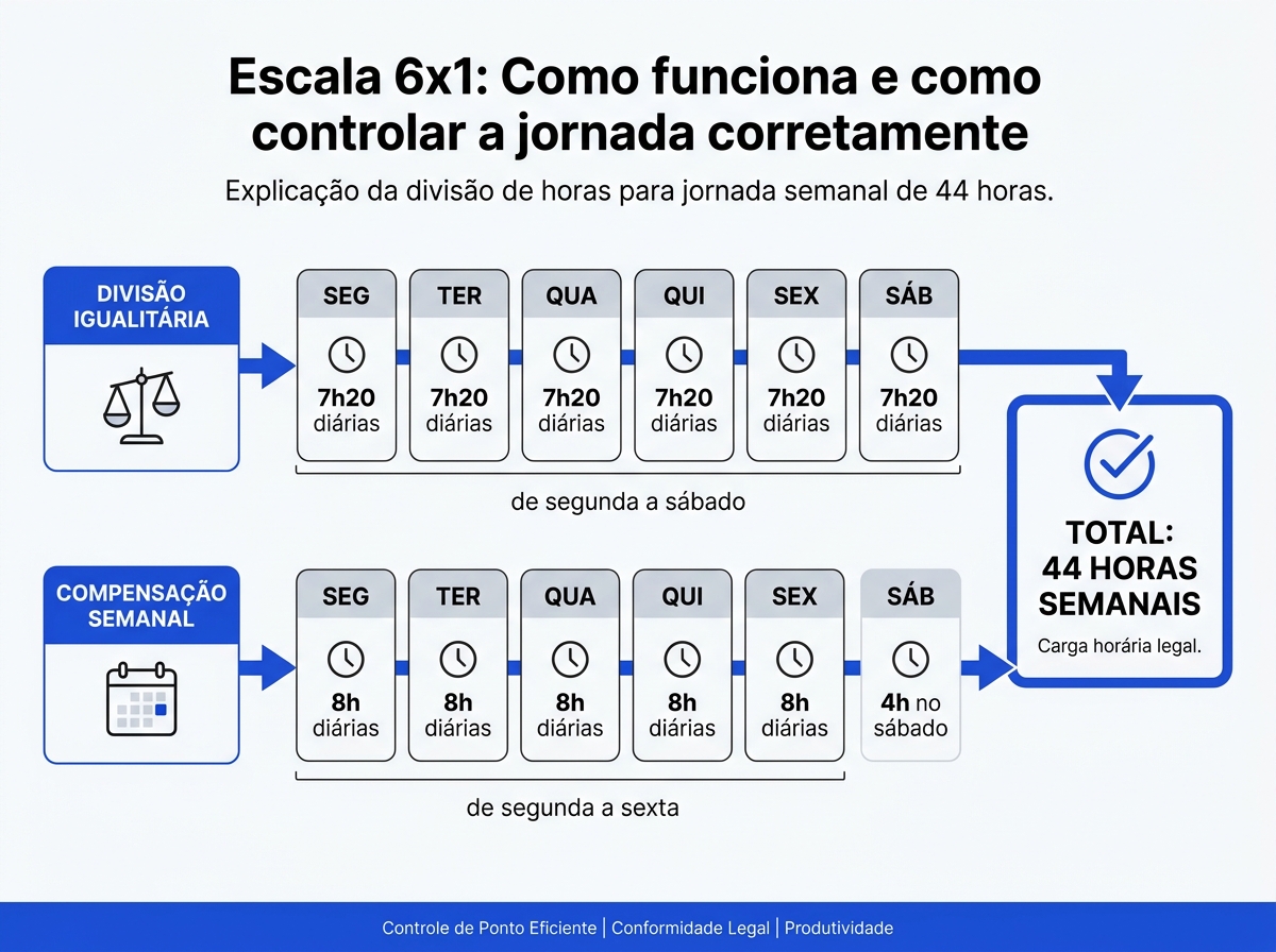 Infográfico explicativo sobre a divisão de horas diárias na escala 6x1