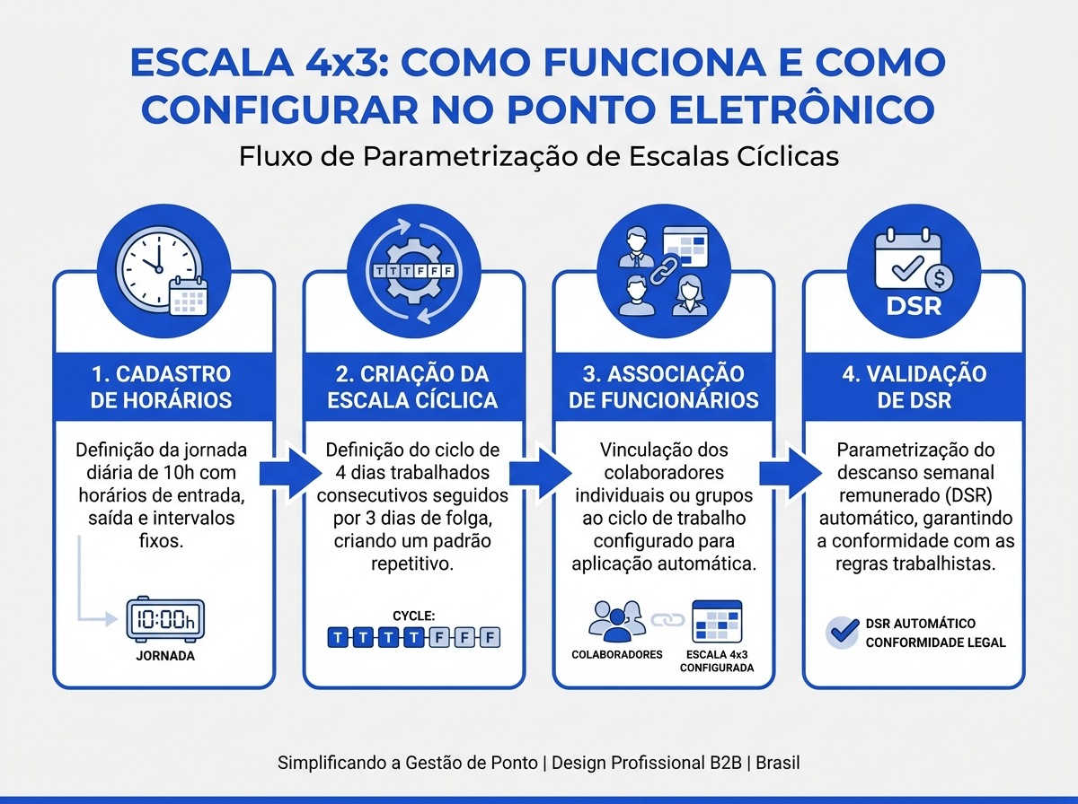 Infográfico com o fluxo de configuração de escalas de trabalho cíclicas no sistema de ponto eletrônico