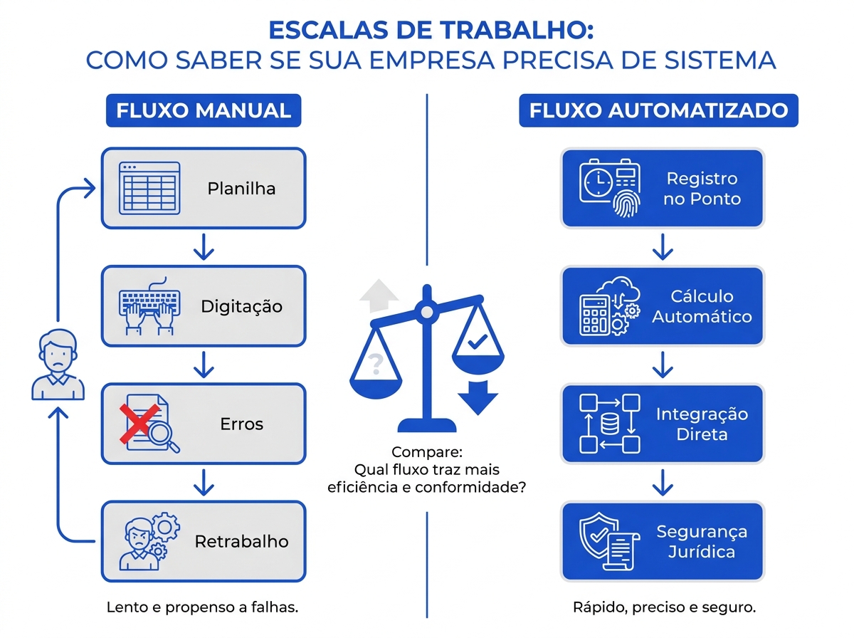 Infográfico comparando o fluxo manual de escalas de trabalho com o fluxo automatizado do Ponto Secullum.