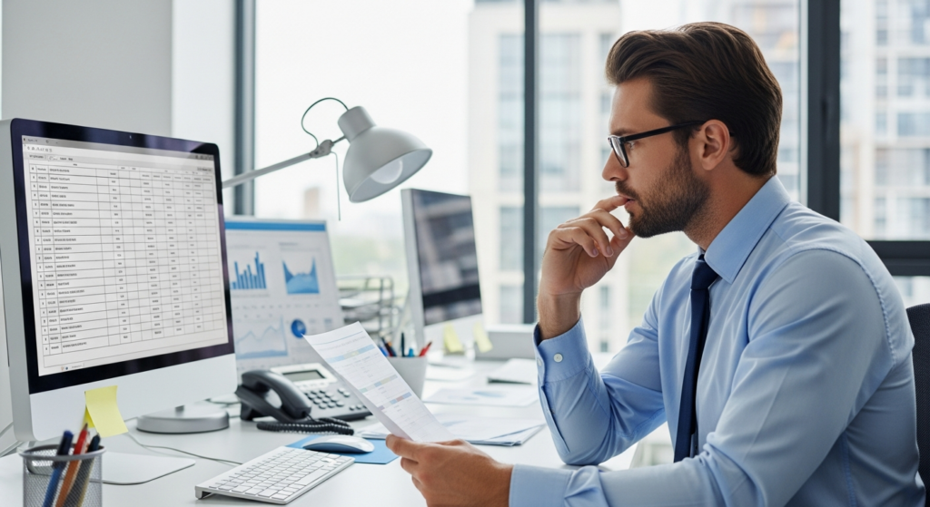 Foto realista de um empresário preocupado em seu escritório, analisando uma planilha impressa cheia de anotações manuais e escalas de trabalho de funcionários. Ao fundo, um ambiente de escritório moderno e organizado. Sem textos ou gráficos na imagem. Alt: Empresário analisando escalas de trabalho manuais em papel.