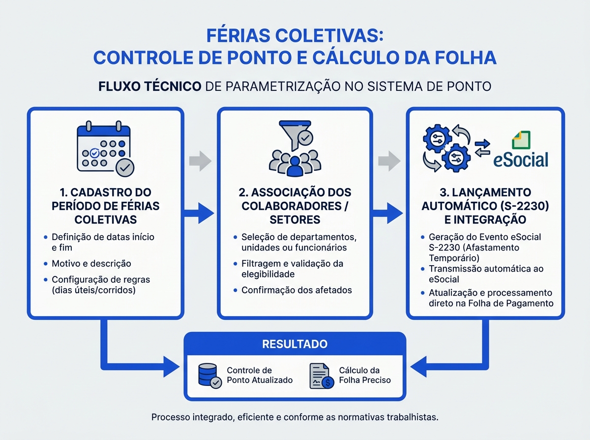 Infográfico com o fluxo de parametrização de férias coletivas no sistema de ponto eletrônico