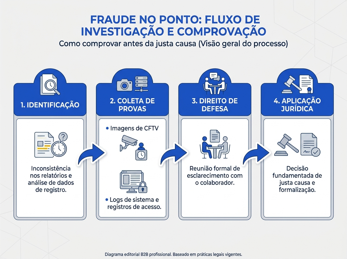 Infográfico do fluxo de investigação interna para comprovação de fraude no ponto.