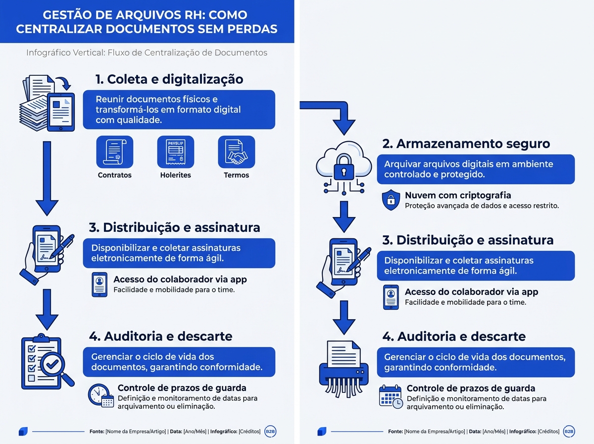 Infográfico mostrando o fluxo ideal de gestão de arquivos rh.