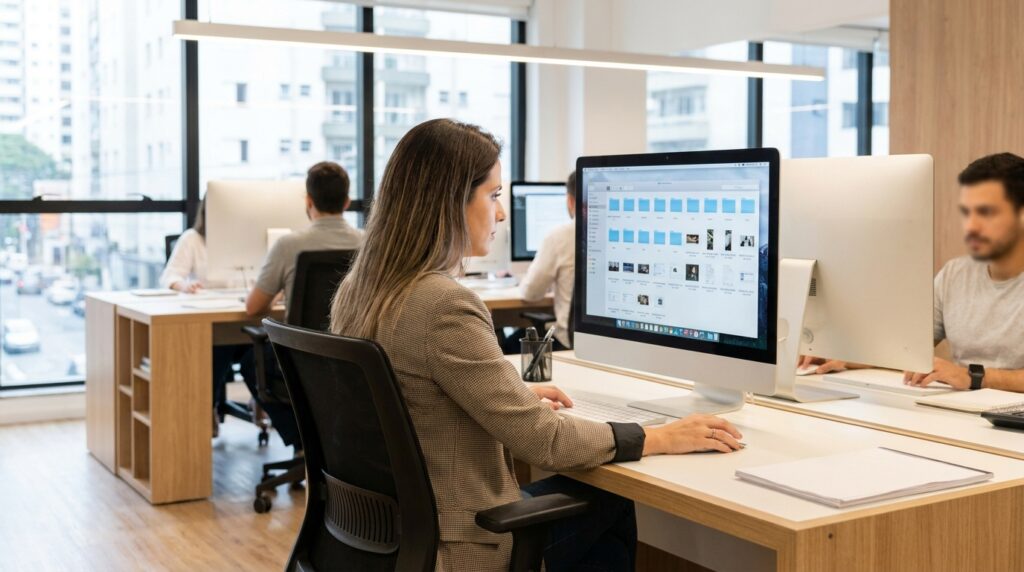 Foto realista de uma profissional de recursos humanos analisando documentos em uma tela de computador organizada, com pastas digitais nítidas e um ambiente de escritório moderno e limpo ao fundo. A imagem transmite organização, segurança e tecnologia, sem textos ou gráficos sobrepostos. alt: Profissional de DP organizando a gestão de arquivos rh em um sistema digital.