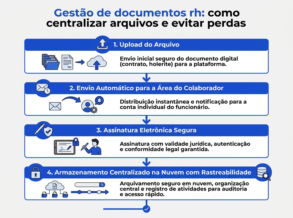 Infográfico demonstrando o fluxo de gestão de documentos rh de forma digital e centralizada