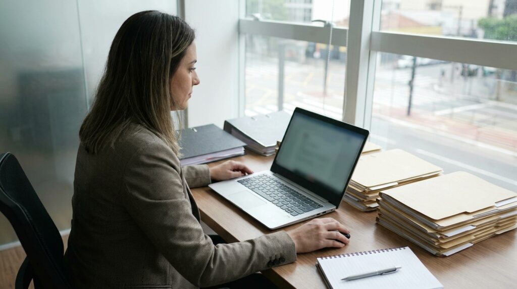 Foto realista de uma profissional de recursos humanos em seu escritório organizado, utilizando um notebook moderno para gerenciar e organizar arquivos digitais de colaboradores, transmitindo eficiência, segurança e conformidade. Sem textos ou gráficos na tela.