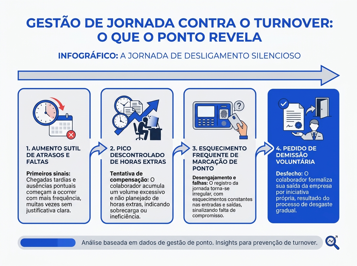 Infográfico mostrando os sinais de alerta no ponto eletrônico que antecedem o turnover