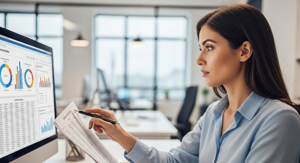 Uma foto realista em estilo corporativo de uma profissional de recursos humanos analisando gráficos de absenteísmo e dados de ponto em uma tela de computador moderna, com expressão analítica e focada. O ambiente de fundo é um escritório contemporâneo levemente desfocado, transmitindo seriedade e foco em dados.