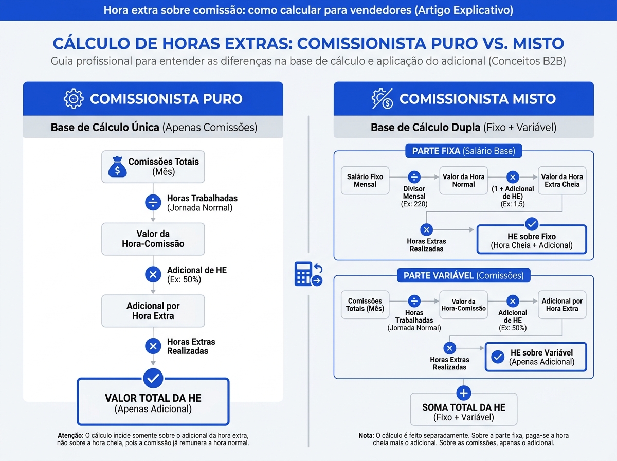 Infográfico comparativo do cálculo de horas extras para comissionista puro e misto.
