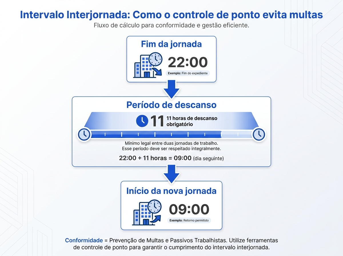 Infográfico explicativo sobre o cálculo do intervalo interjornada de 11 horas