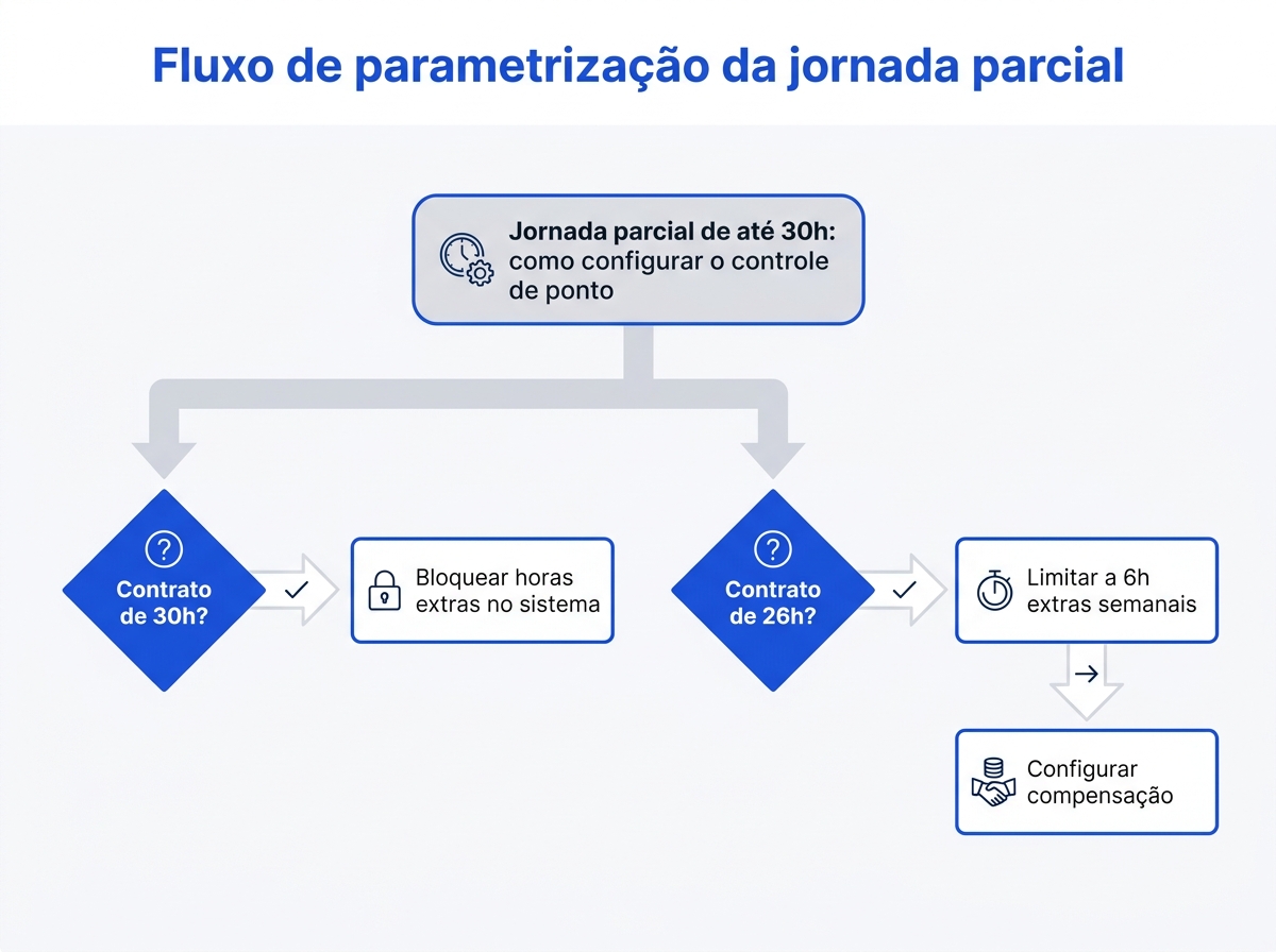 Infográfico mostrando o fluxo de parametrização da jornada parcial de 26h e 30h no sistema de ponto.