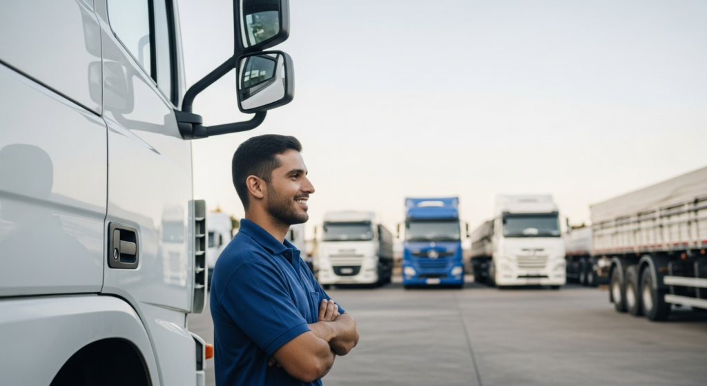 Foto realista de um motorista de caminhão profissional de perfil, sorrindo de forma confiante ao lado de sua cabine em um pátio de transportadora organizado. Iluminação natural de fim de tarde, transmitindo profissionalismo e segurança. Sem textos, gráficos ou elementos digitais sobrepostos.