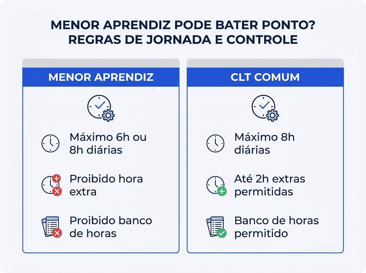Infográfico comparativo de regras de jornada e controle de ponto para menor aprendiz