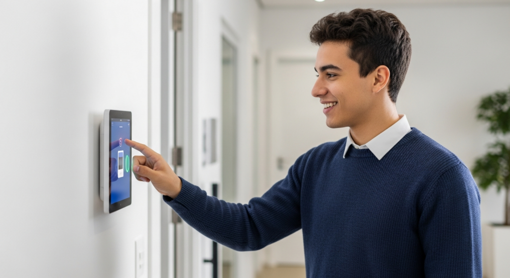 Foto realista de um jovem colaborador de aproximadamente 17 anos, sorridente, utilizando um tablet fixado na parede para registrar sua jornada de trabalho por aproximação ou reconhecimento facial na entrada de uma empresa organizada. Alt: Jovem realizando o controle de ponto eletrônico na entrada da empresa.