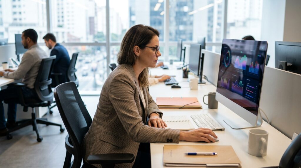 Uma profissional de recursos humanos analisando dados de jornada em uma tela de computador, com expressão focada e analítica, em um escritório moderno e bem iluminado. A imagem transmite profissionalismo, conformidade técnica e cuidado com as pessoas, sem exibir textos ou gráficos legíveis na tela. Alt: Profissional de RH analisando indicadores de jornada e saúde mental em conformidade com a NR-1.