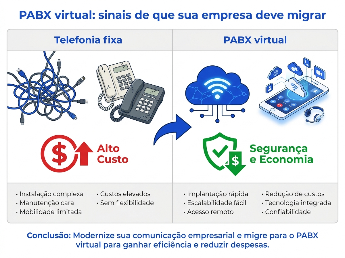 Infográfico comparativo mostrando as desvantagens da telefonia fixa tradicional frente às vantagens de mobilidade e economia do PABX virtual.