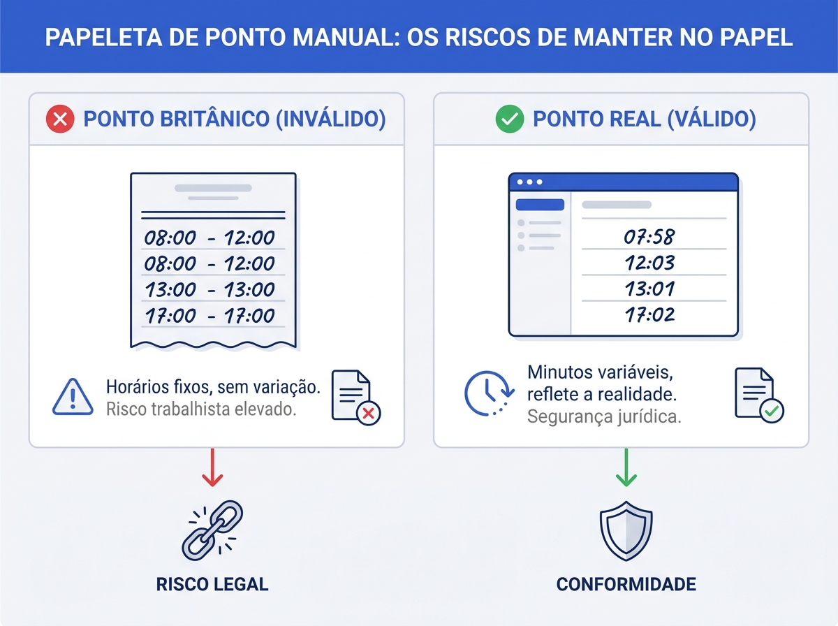 Infográfico comparando ponto britânico uniforme e ponto real com minutos variáveis