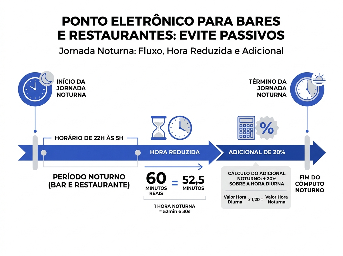 Infográfico explicativo sobre o cálculo de adicional noturno e hora reduzida para bares e restaurantes