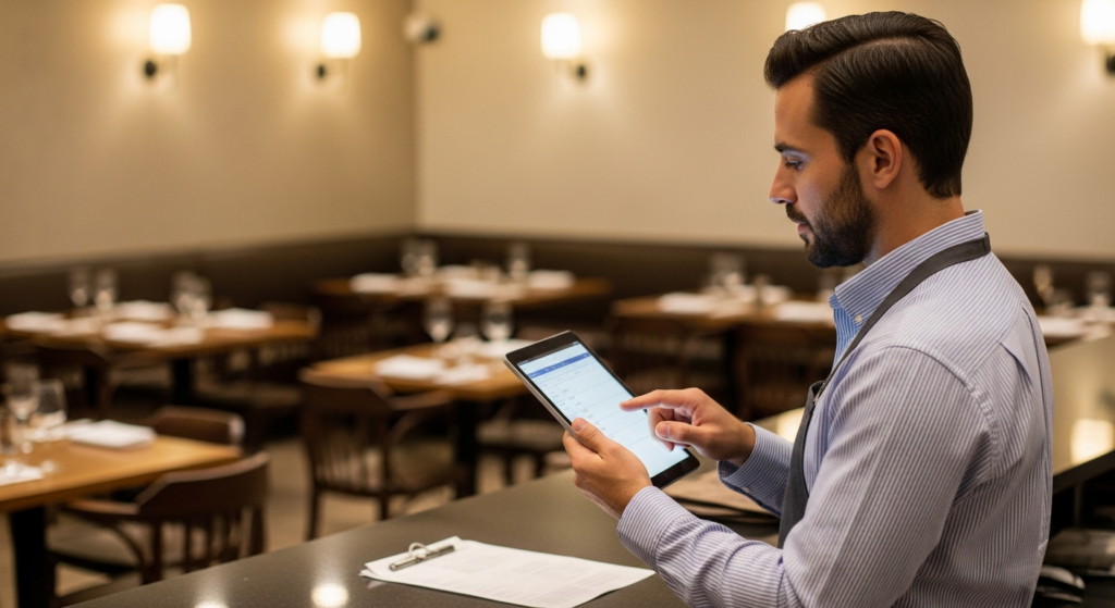 Foto realista de um gerente de restaurante em pé próximo ao balcão, utilizando um tablet para conferir a escala de trabalho dos funcionários da cozinha e do salão. O ambiente ao fundo mostra mesas organizadas e iluminação acolhedora de um salão de jantar. Sem textos ou gráficos na tela.