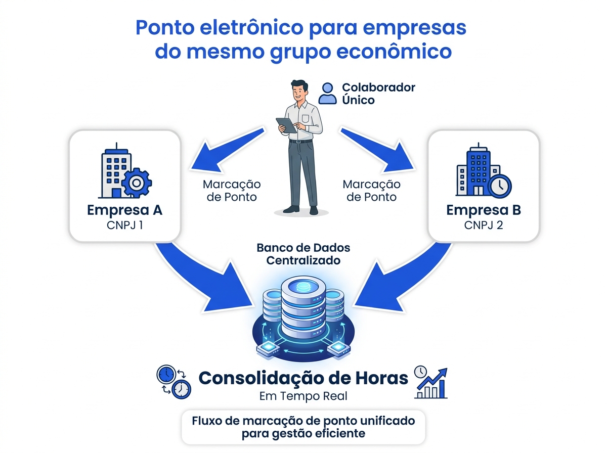 Infográfico demonstrando a centralização do registro de ponto de colaboradores compartilhados entre empresas do mesmo grupo.