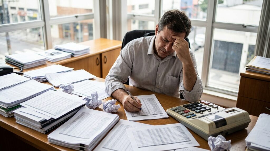 Foto realista de um empresário preocupado em seu escritório, analisando uma pilha de planilhas de papel e relatórios impressos desorganizados, com uma calculadora ao lado. O ambiente transmite a tensão de lidar com processos manuais e o risco de erros de cálculo. Sem textos ou gráficos sobrepostos.