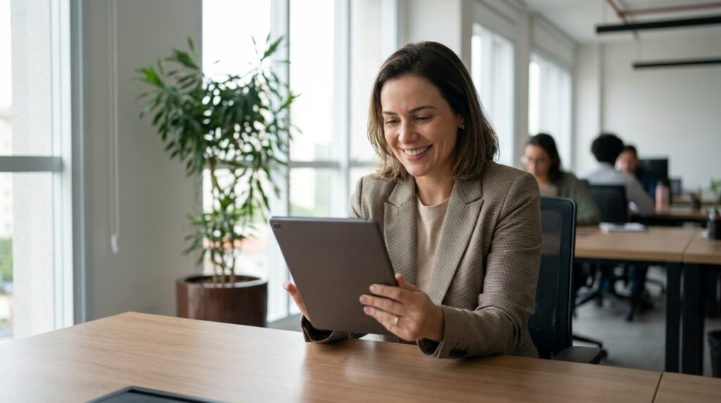 Foto realista de uma profissional de departamento pessoal analisando relatórios de jornada em um tablet moderno em seu escritório, com uma expressão de satisfação pela eficiência do processo. Ambiente corporativo limpo e profissional, sem textos ou gráficos artificiais na tela. alt: Profissional de DP analisando relatórios de jornada no Secullum RH