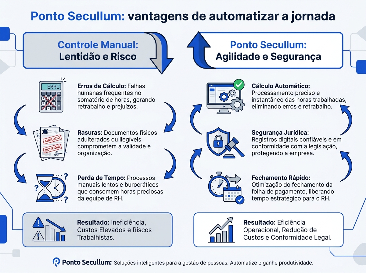 Infográfico comparativo entre controle de ponto manual e a automação com o Ponto Secullum.