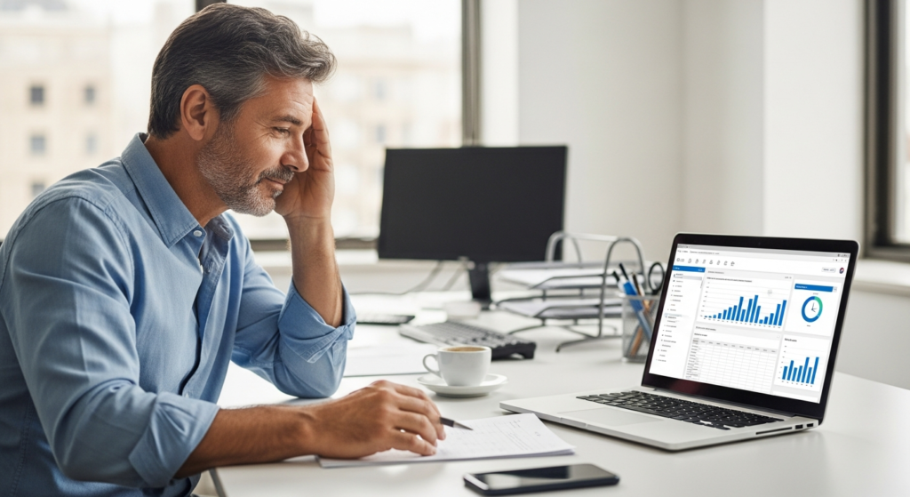 Foto realista de um empresário de meia-idade em seu escritório, com expressão de alívio, olhando para a tela de um notebook que exibe um painel de controle de ponto organizado. Na mesa limpa, há apenas um café e um smartphone. O ambiente é bem iluminado e profissional. Sem textos, gráficos complexos ou elementos flutuantes. Alt: Empresário gerenciando a jornada de trabalho de seus colaboradores de forma automatizada e segura.