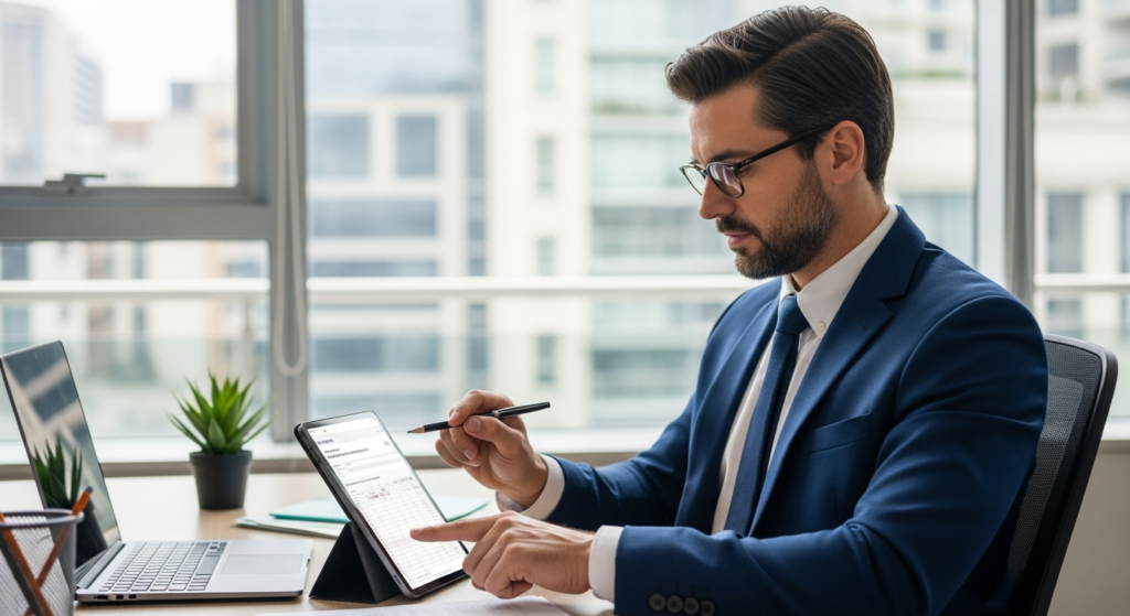 Foto realista de um empresário em seu escritório analisando relatórios de jornada em um tablet, com expressão de tomada de decisão. Ambiente corporativo moderno e profissional, sem textos ou gráficos na tela. Alt: Empresário analisando relatórios de jornada para escolher a melhor versão do Ponto Secullum.