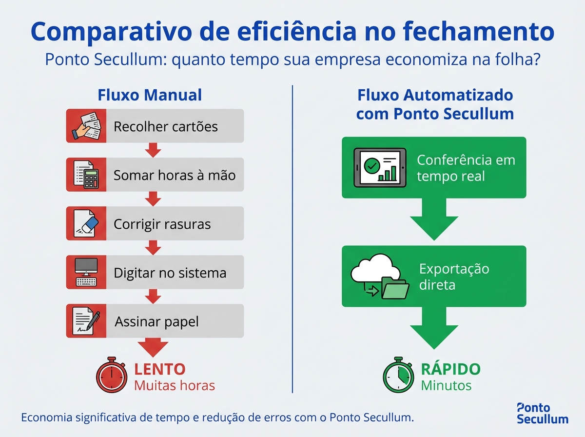 Infográfico comparando o fluxo manual de fechamento de folha com o fluxo automatizado do Ponto Secullum.