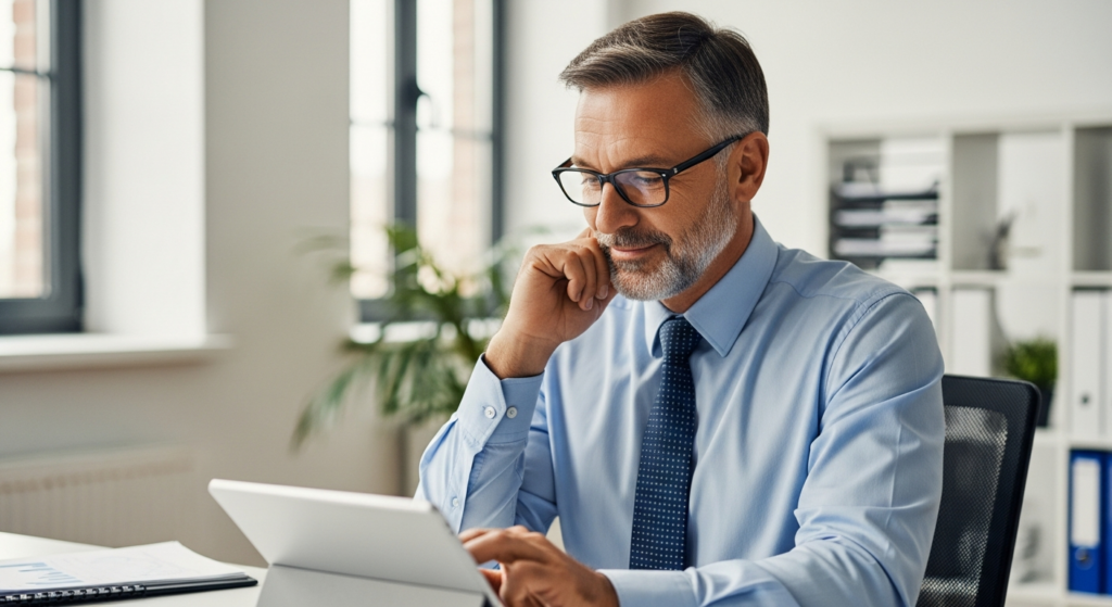Foto realista de um empresário de meia-idade em seu escritório, analisando relatórios financeiros em um tablet com expressão de alívio e tranquilidade. Ao fundo, um ambiente corporativo moderno e organizado, sem papéis acumulados ou bagunça. A imagem transmite eficiência, controle e segurança jurídica. Sem textos, gráficos ou elementos flutuantes. Alt: Empresário analisando relatórios de jornada automatizados pelo Ponto Secullum em seu escritório.