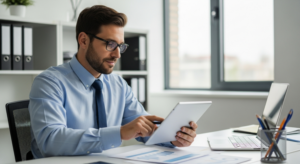 Foto realista de um empresário em seu escritório analisando relatórios em um tablet com expressão de tranquilidade, ambiente corporativo moderno e organizado, iluminação natural. Sem textos ou gráficos sobrepostos.