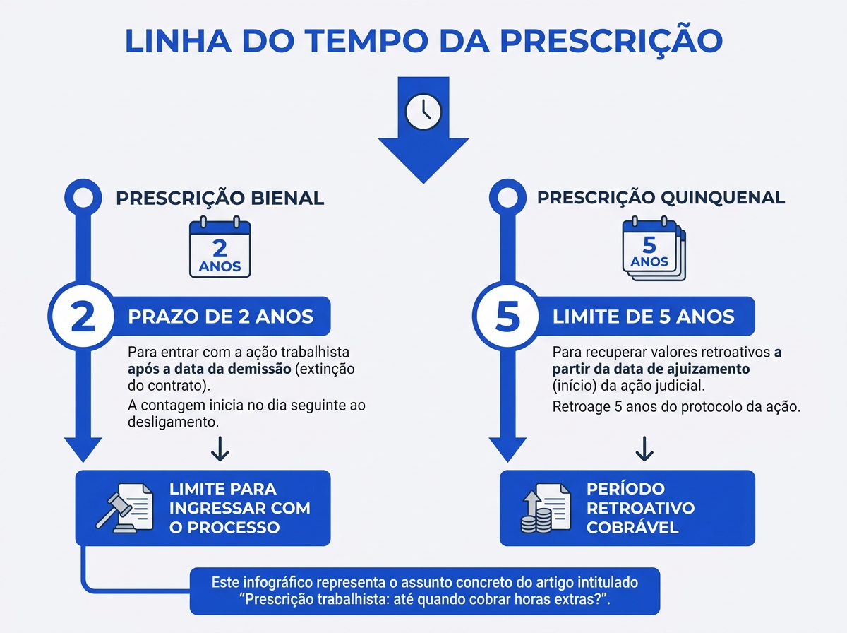 Infográfico explicativo sobre os prazos de 2 e 5 anos da prescrição trabalhista.