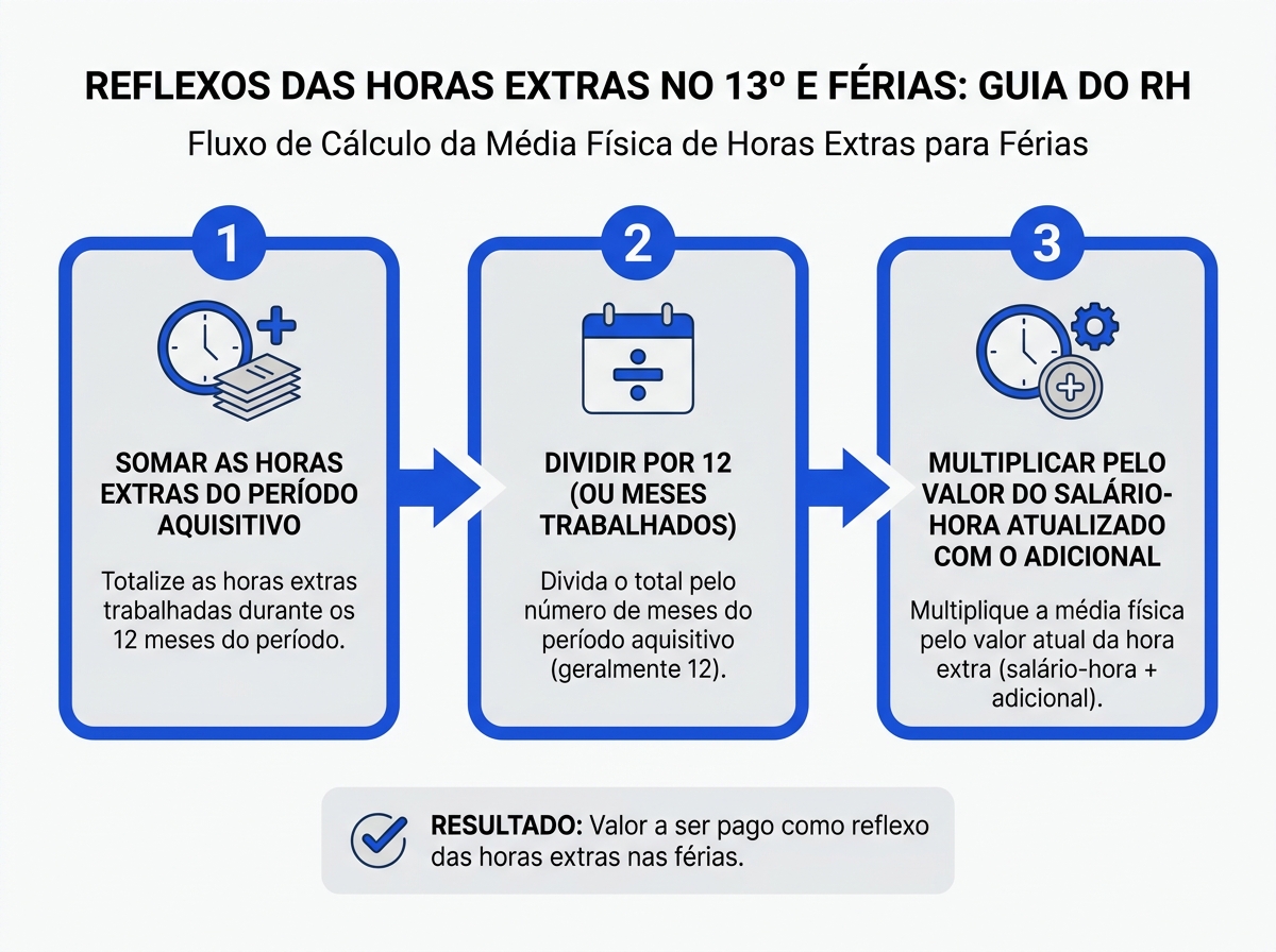 Infográfico explicativo do passo a passo para calcular a média física de horas extras para férias.