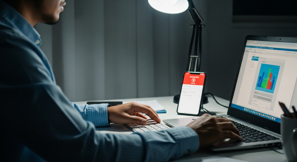 Foto realista de um profissional de tecnologia em seu home office à noite, focado na tela de um notebook, com um smartphone posicionado ao lado do teclado exibindo uma tela de alerta de sistema. O ambiente é silencioso e iluminado apenas pela luminária de mesa e pelo brilho das telas. Sem textos ou gráficos sobrepostos. Alt: Profissional de TI trabalhando em home office durante plantão sob regime de sobreaviso.