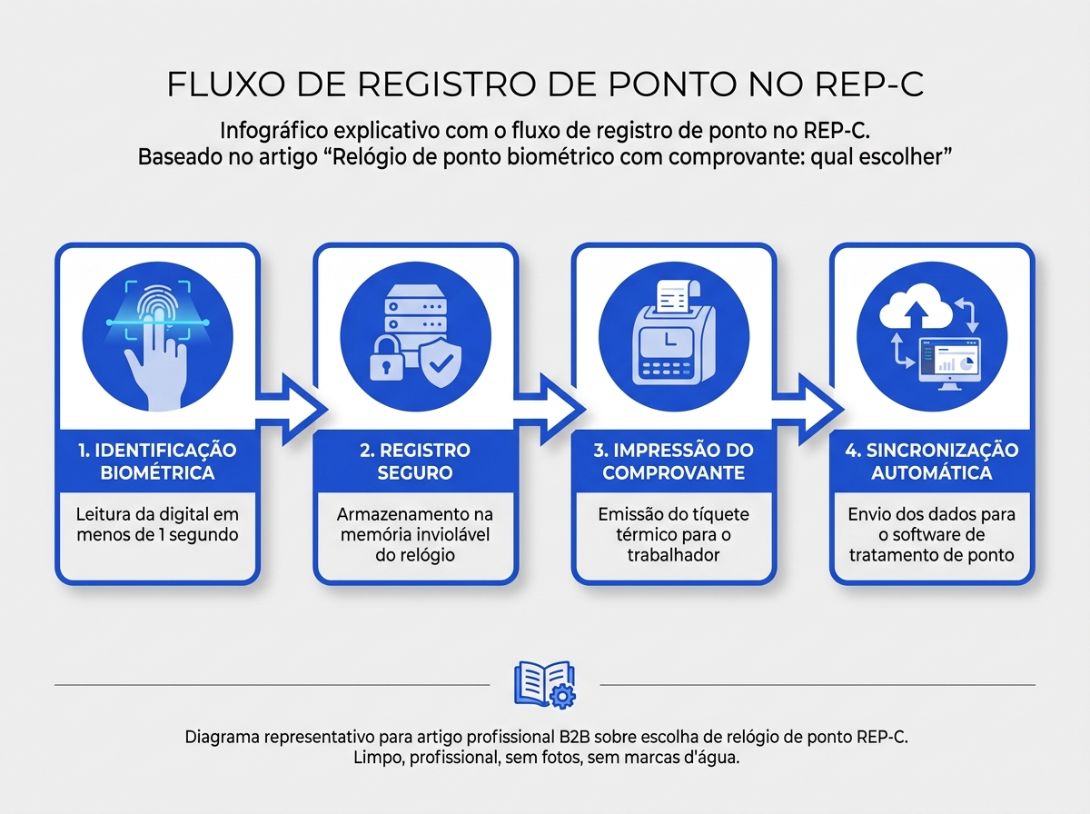 Infográfico mostrando o fluxo de funcionamento de um relógio de ponto biométrico com comprovante