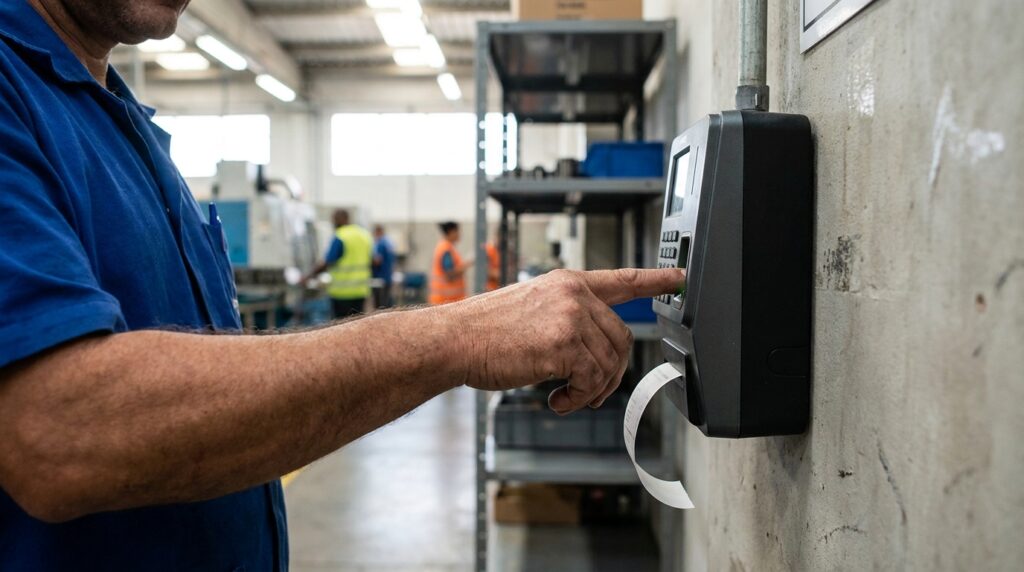 Foto realista de um colaborador em ambiente de fábrica ou comércio registrando sua jornada em um relógio de ponto biométrico fixado na parede, com o equipamento imprimindo o comprovante de registro em papel térmico. Foco nas mãos do colaborador e no detalhe do papel saindo do relógio. Sem textos ou gráficos sobrepostos.