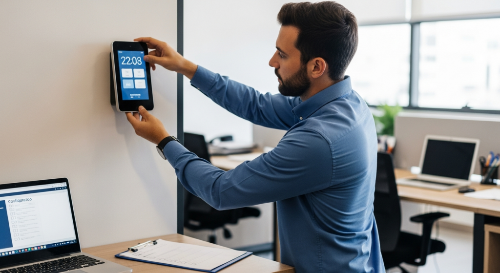 Uma foto realista em plano médio de um profissional de TI organizando cabos de rede azul e configurando um relógio de ponto digital fixado na parede de um corredor de empresa moderno. O profissional segura uma ferramenta de teste de rede e há um notebook aberto em uma bancada próxima mostrando telas de configuração de rede. Sem textos, gráficos ou elementos artificiais. Alt: Profissional de TI configurando relógio de ponto digital na parede da empresa.
