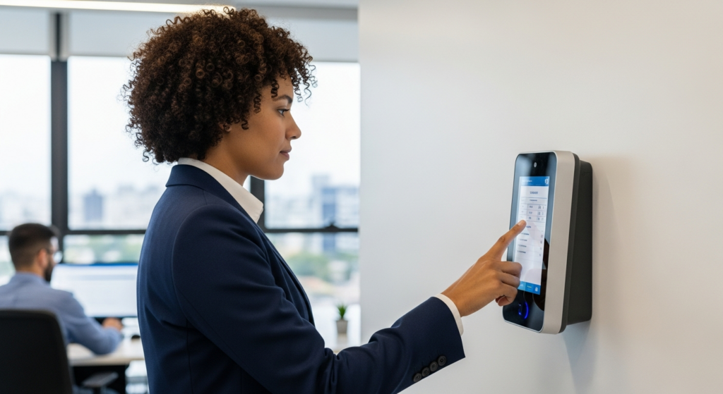 Foto realista de um colaborador em ambiente corporativo moderno, de perfil, aproximando-se de um terminal de relógio de ponto facial fixado na parede para registrar sua jornada de trabalho. A iluminação é natural e profissional, focando na facilidade de uso do equipamento. Sem textos, gráficos ou elementos artificiais na imagem. Alt: Colaborador registrando jornada de trabalho em um relógio de ponto facial na parede da empresa.