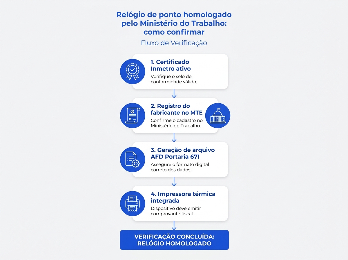 Infográfico com os quatro passos para validar a homologação de um relógio de ponto eletrônico.