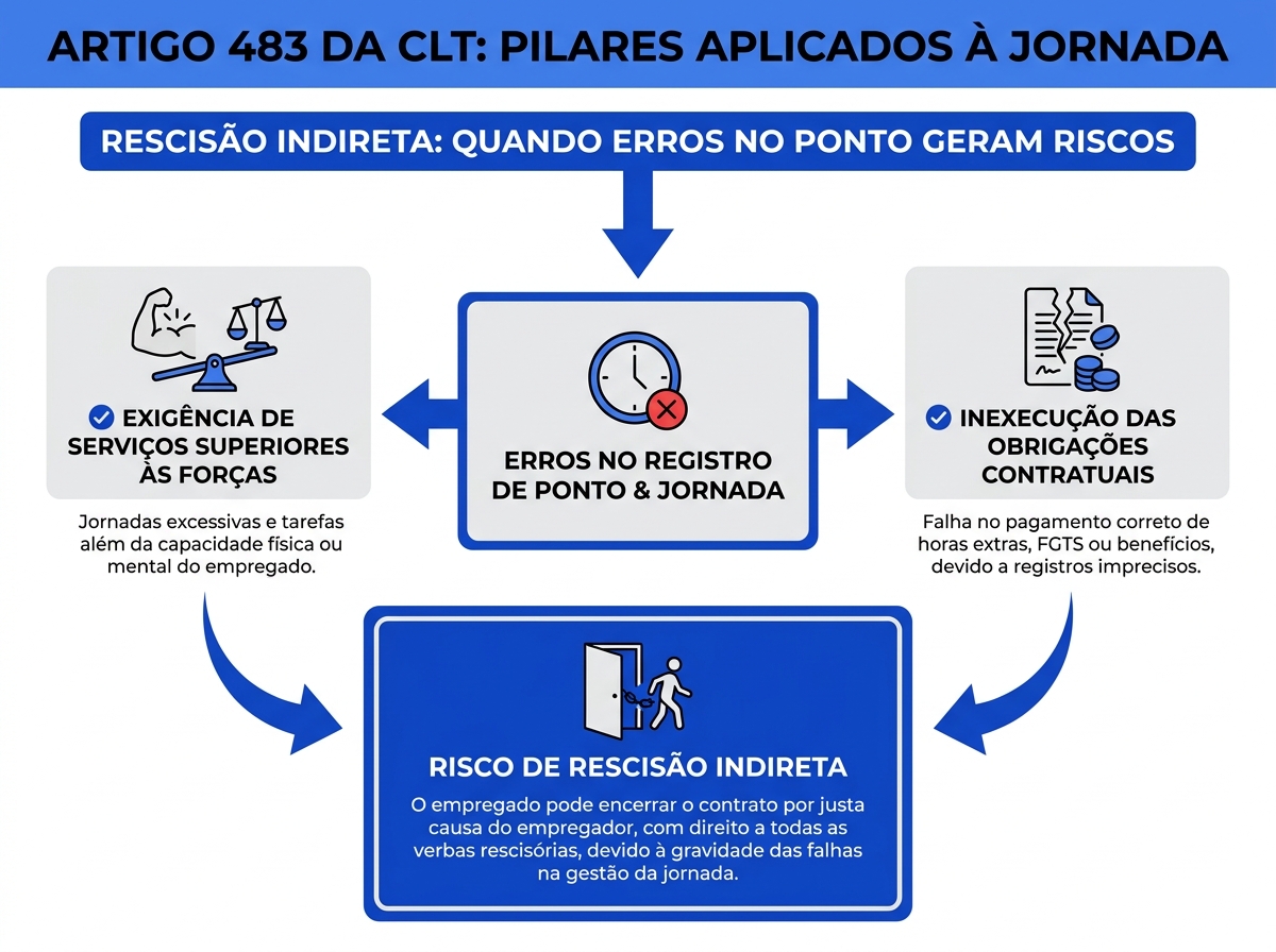 Infográfico explicativo sobre as hipóteses do Artigo 483 da CLT relacionadas à jornada de trabalho.