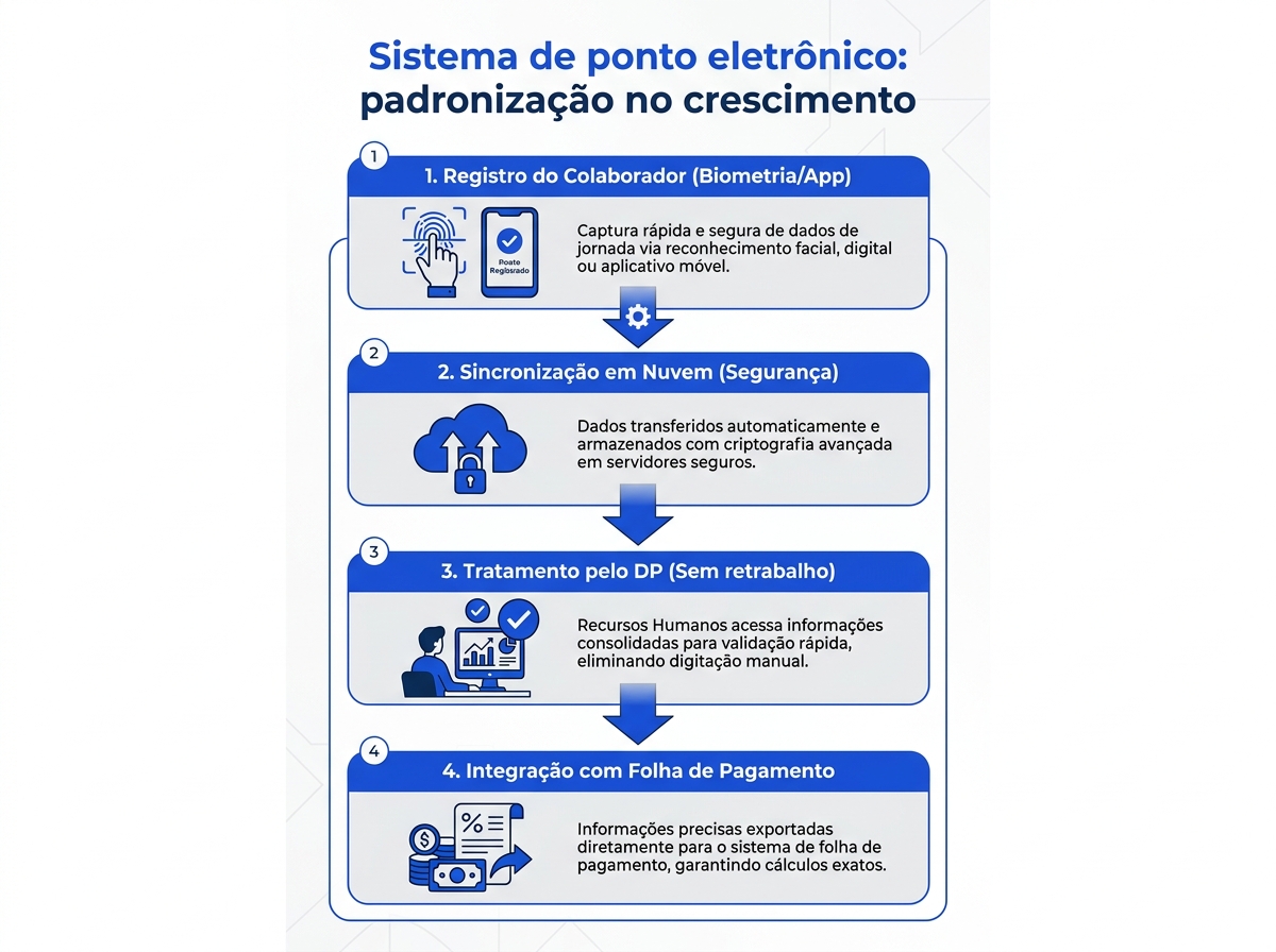 Infográfico do fluxo de automação de jornada com sistema de ponto eletrônico
