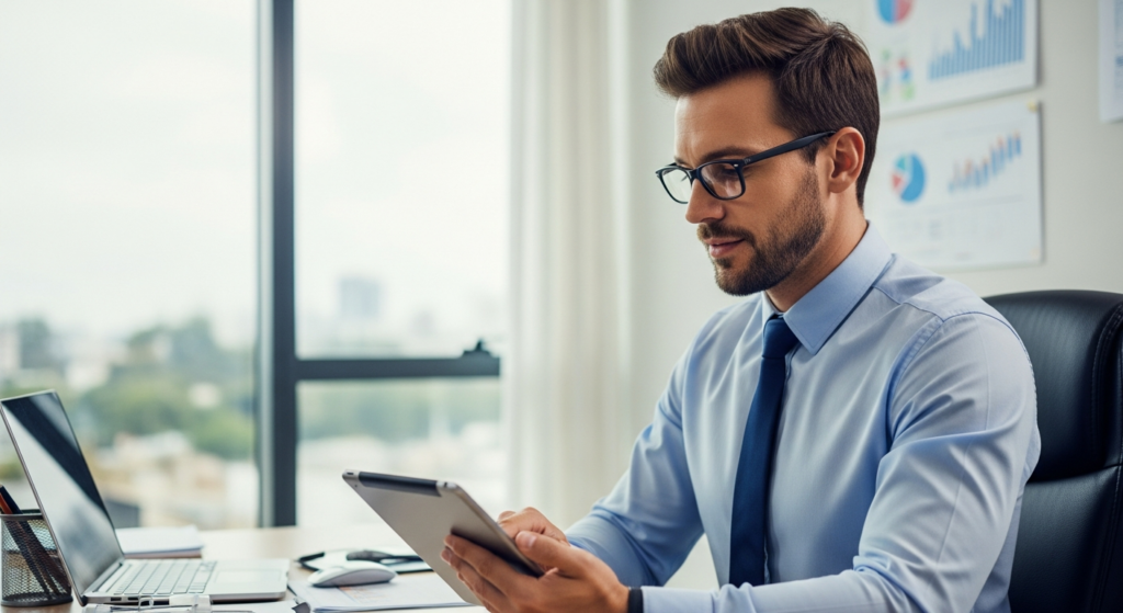 Foto realista de um empresário em seu escritório analisando relatórios de jornada em um tablet, com expressão focada e profissional, demonstrando controle administrativo. Ambiente corporativo moderno e bem iluminado, sem textos ou gráficos artificiais na tela.