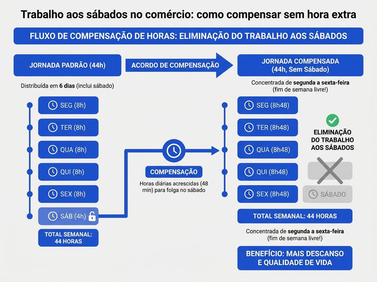 Infográfico comparativo entre jornada 6x1 tradicional e jornada compensada de segunda a sexta-feira